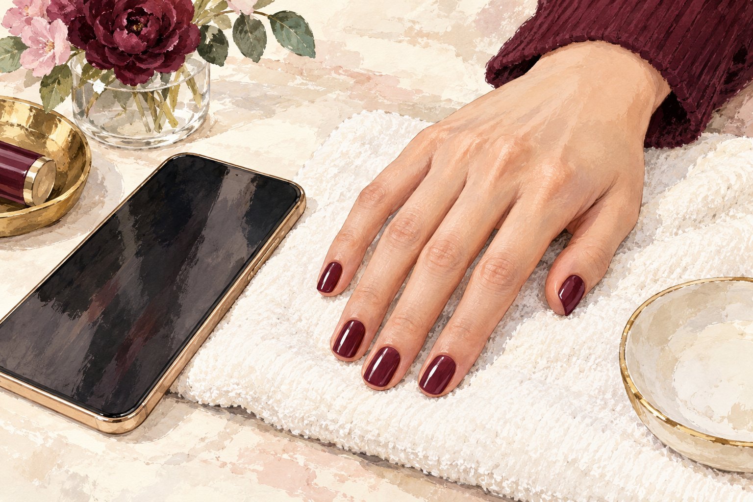 A relaxed hand with five short glossy nails rests beside a phone.