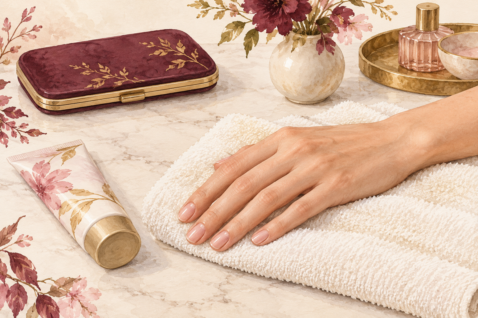 A bare hand rests on a towel beside a cream tube and closed manicure case.
