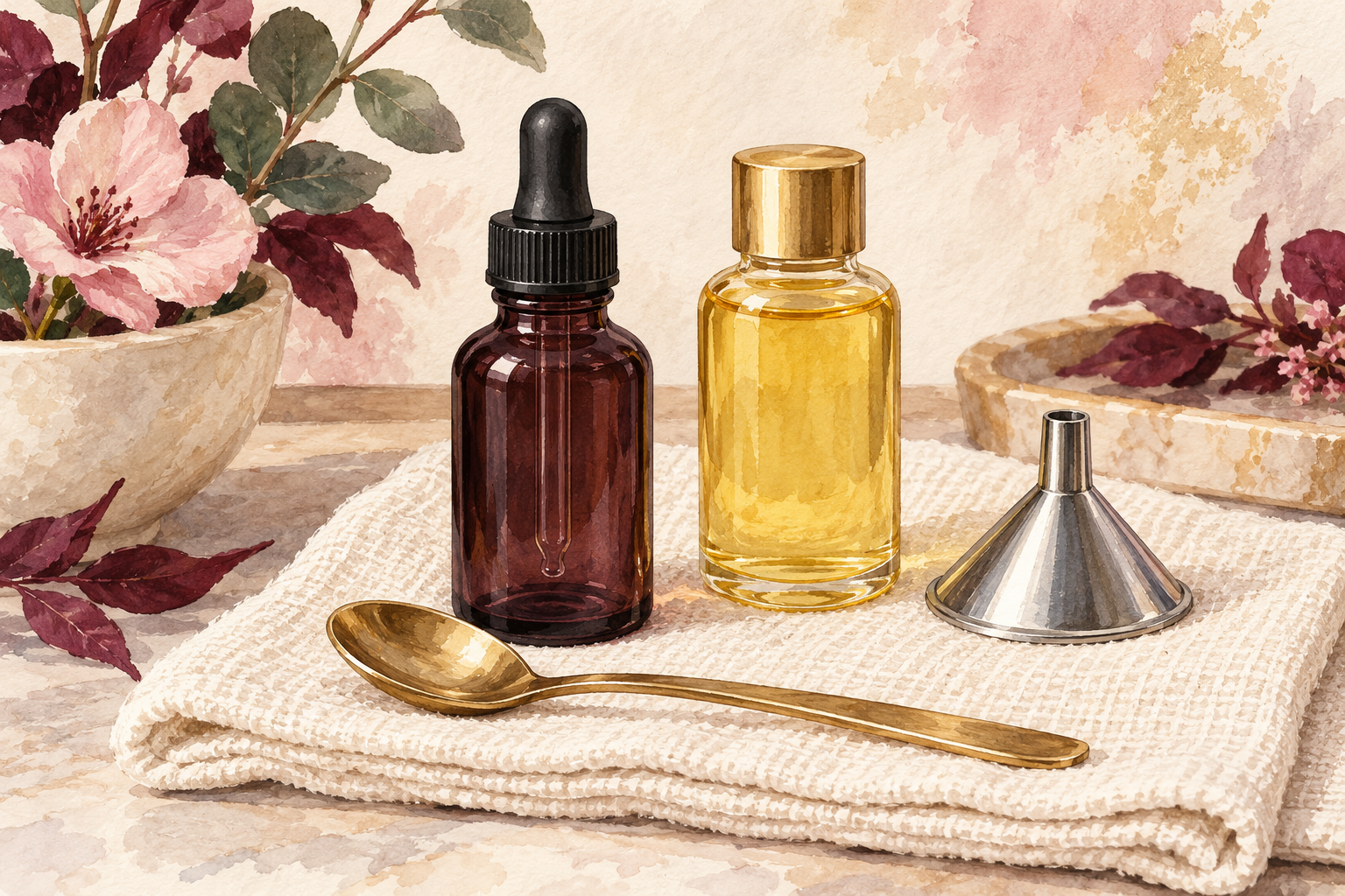 A small dark dropper bottle, oil bottle, spoon and funnel sit on a dry towel.
