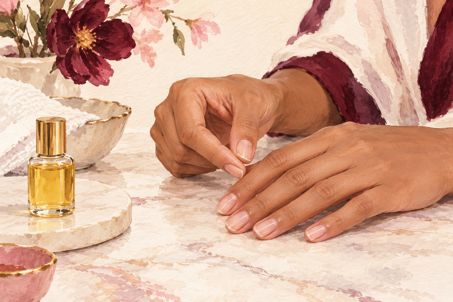 A woman checks one bare nail beside a plain oil bottle.