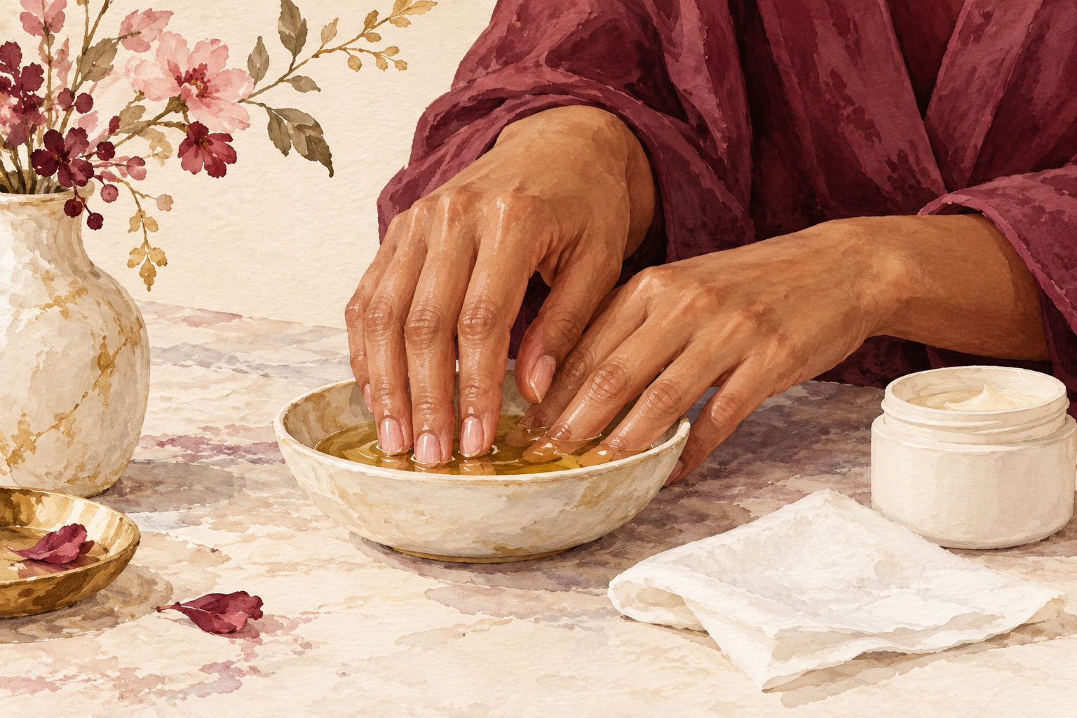Fingertips rest in a shallow oil dish beside a tissue.