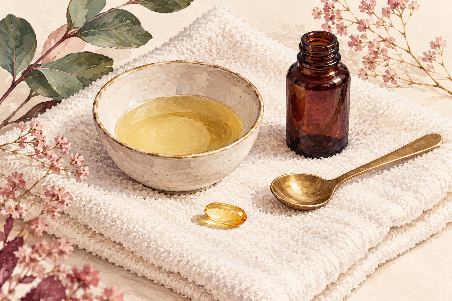 A spoon, oil dish and one capsule sit beside a small dark bottle.