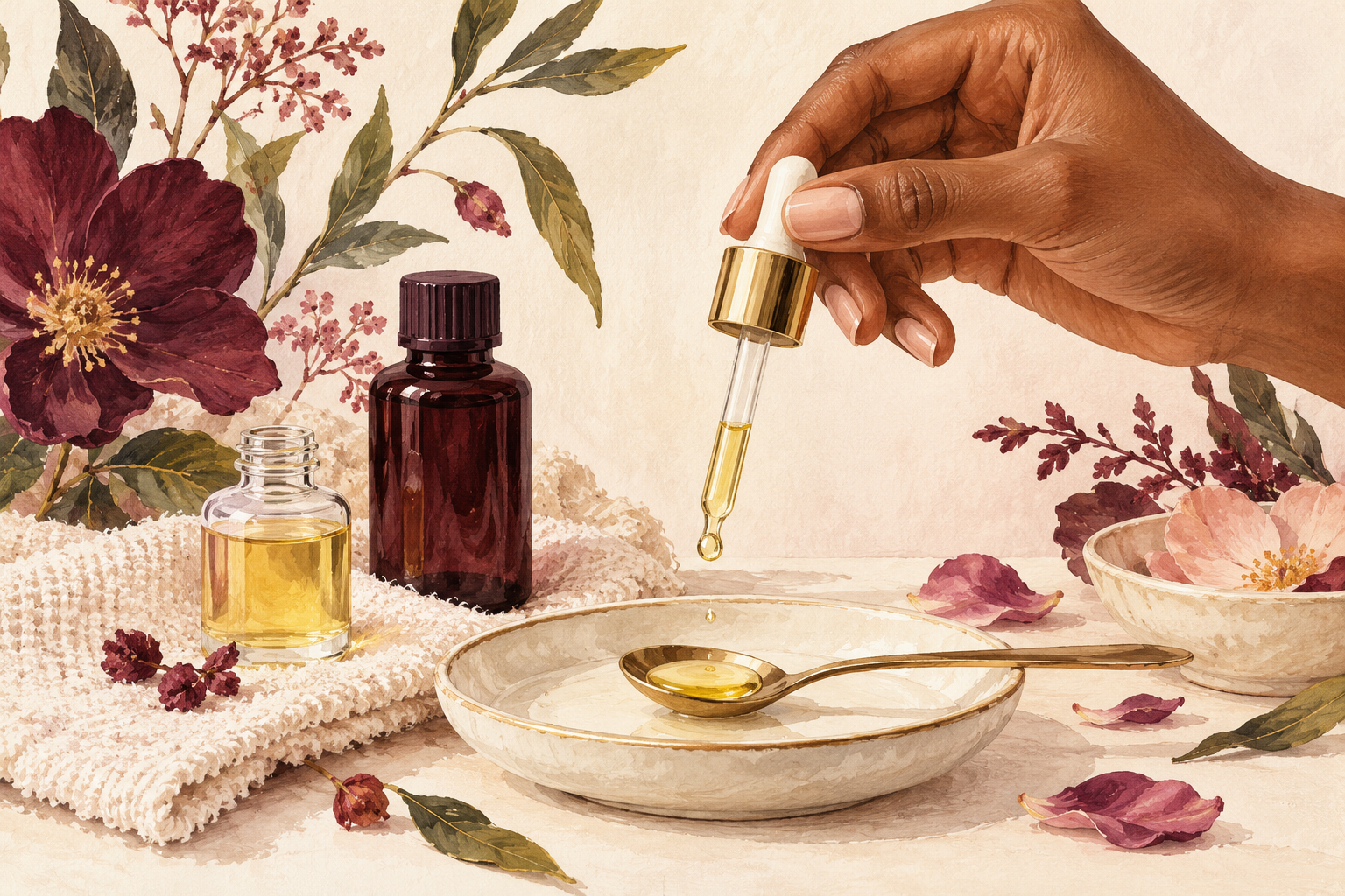 A dropper adds a small bead of oil to a spoon beside a storage bottle.