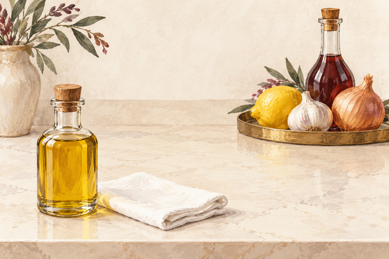 A plain oil bottle sits apart from lemon, garlic, onion and vinegar.