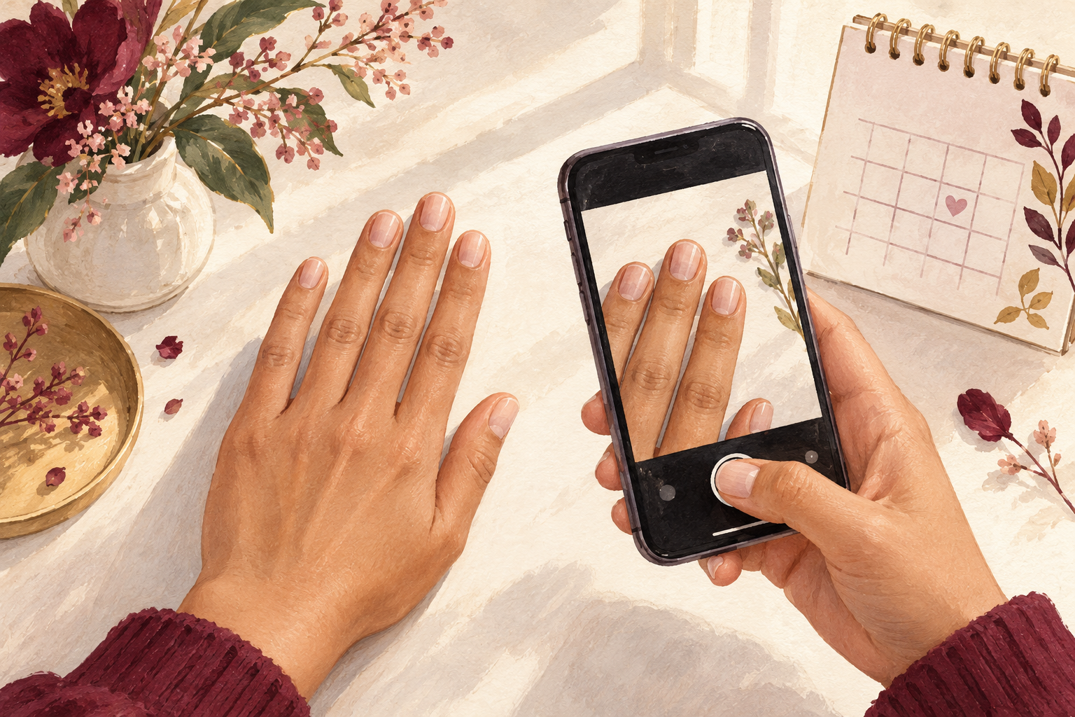 A phone records bare nails beside an abstract calendar.