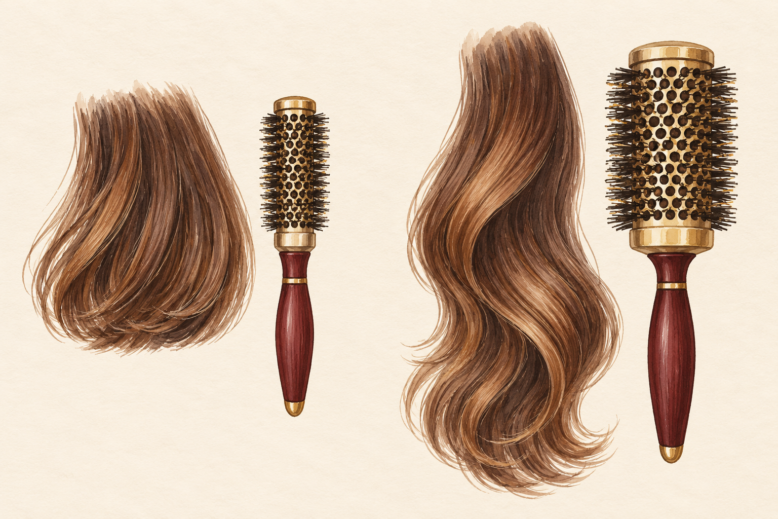 A short hair section is paired with a smaller round brush and a longer section with a larger barrel brush.