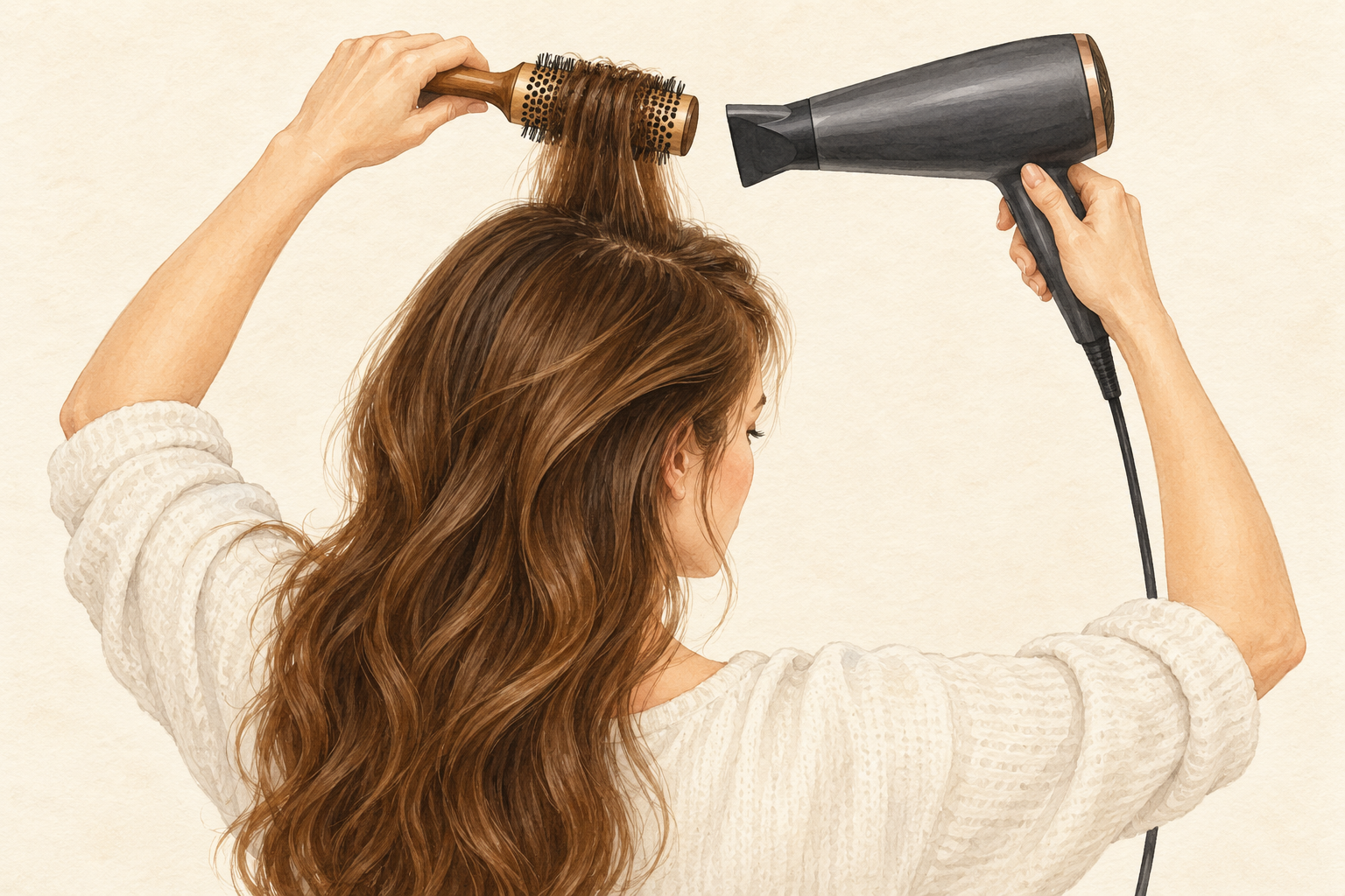 A round brush lifts one root section while a dryer nozzle points along the brush with a visible gap.