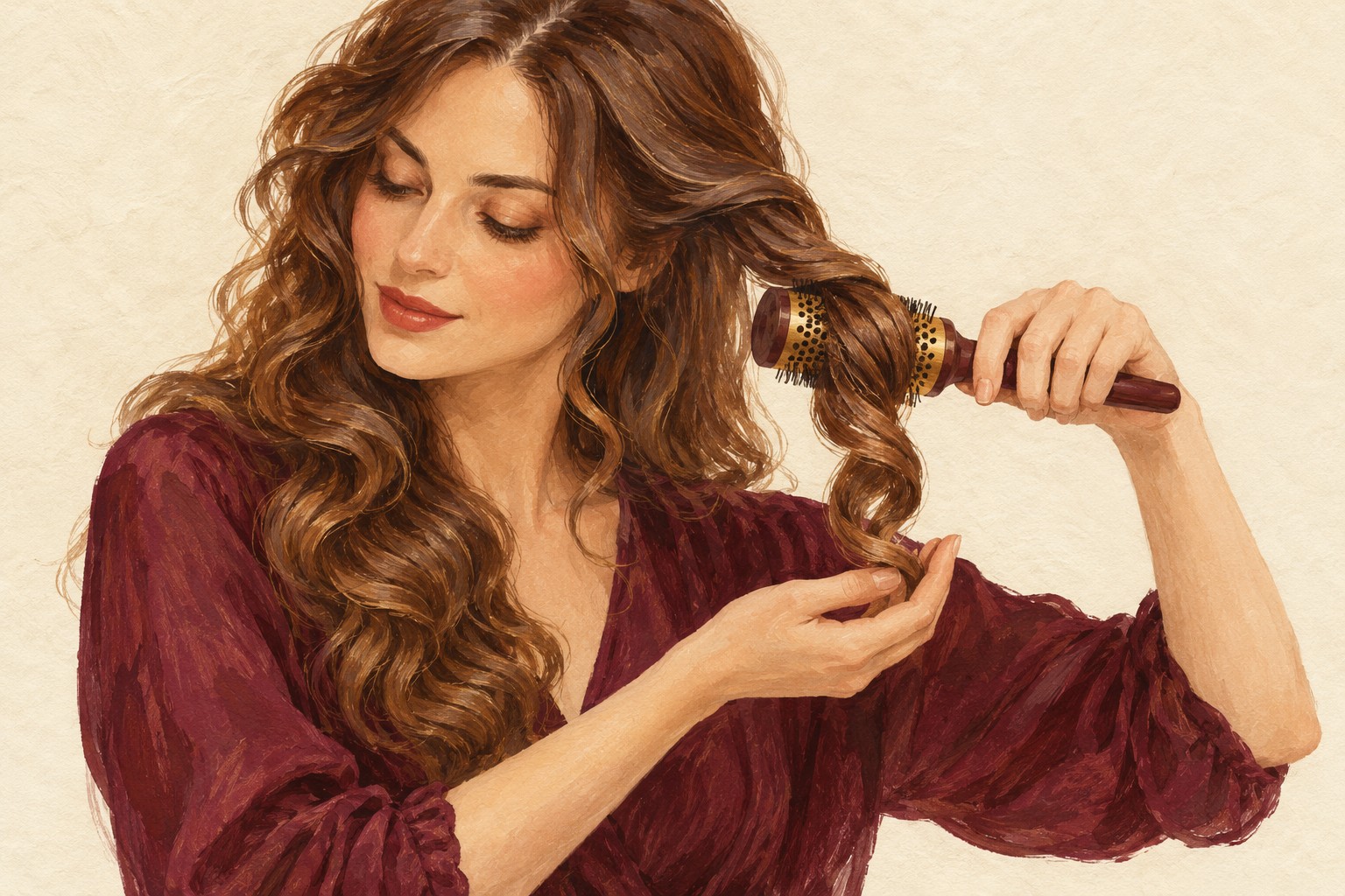 A round brush is slowly unwound from a loose section while another hand supports the ends.