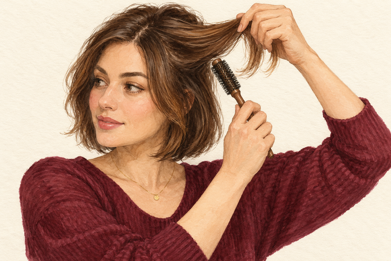 A short front section is lifted up and away from the face while a small round brush works beneath it.