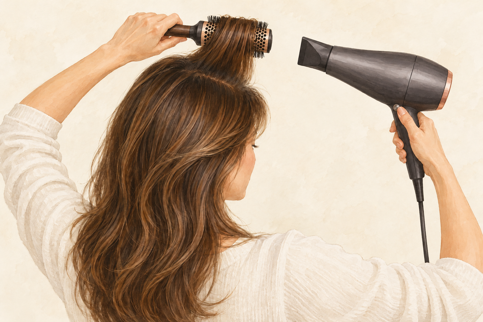 A round brush holds a lifted root section while a dryer points toward it across a visible gap.