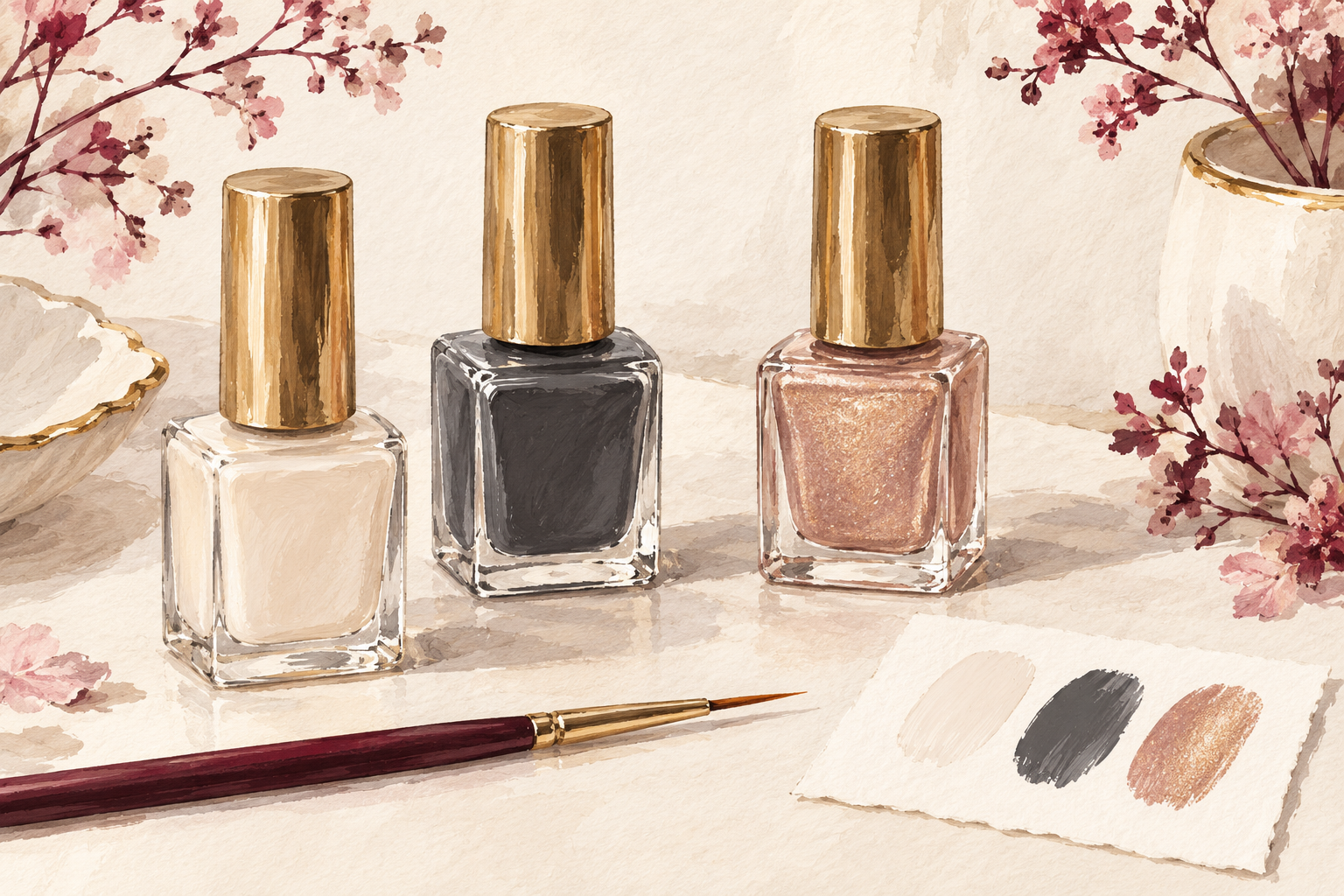 Three polish colors and a fine brush sit beside a test swatch.