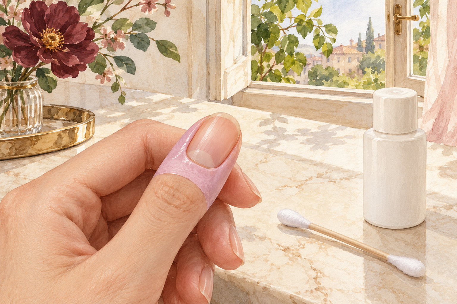 A nail has a thin guard on the surrounding skin beside cleanup supplies.