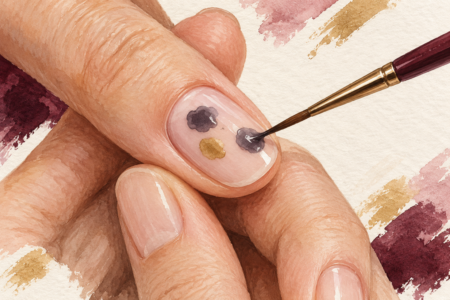 A fine brush touches a shallow gray polish pool beside two other tiny accent pools on a pale nail.