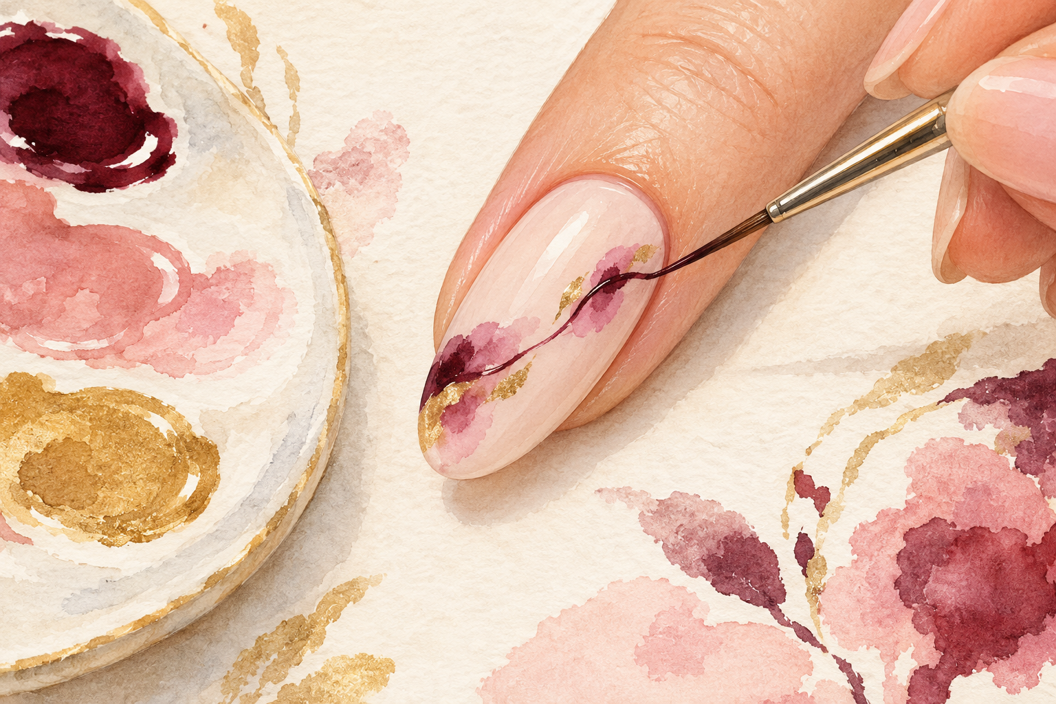 A fine brush draws a spare diagonal through accent dots.