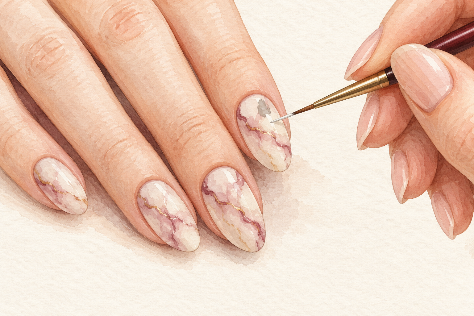 A brush adds a small pale correction patch to a marbled nail.
