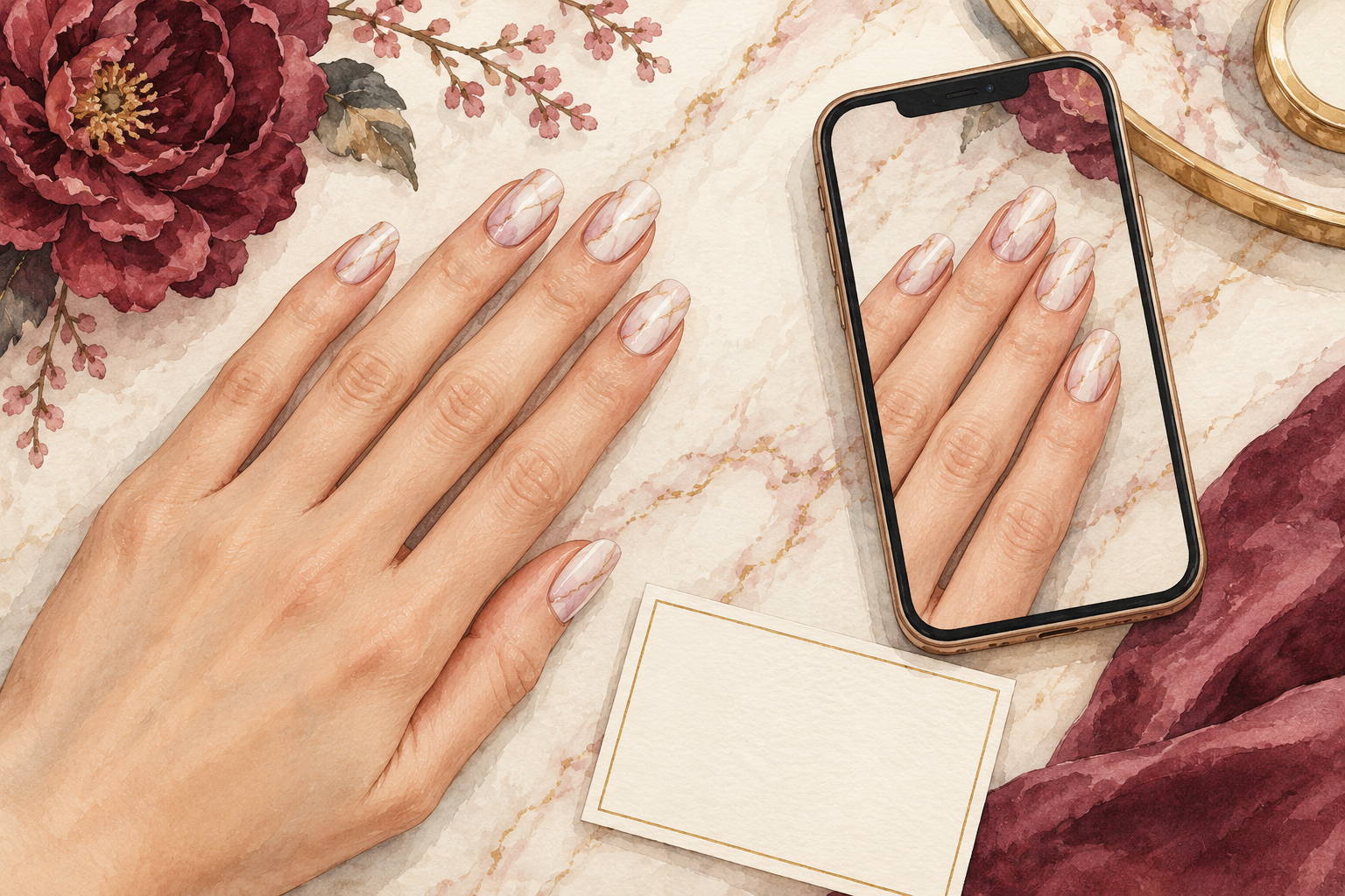 A phone records a simple pale marble manicure beside a blank note card.