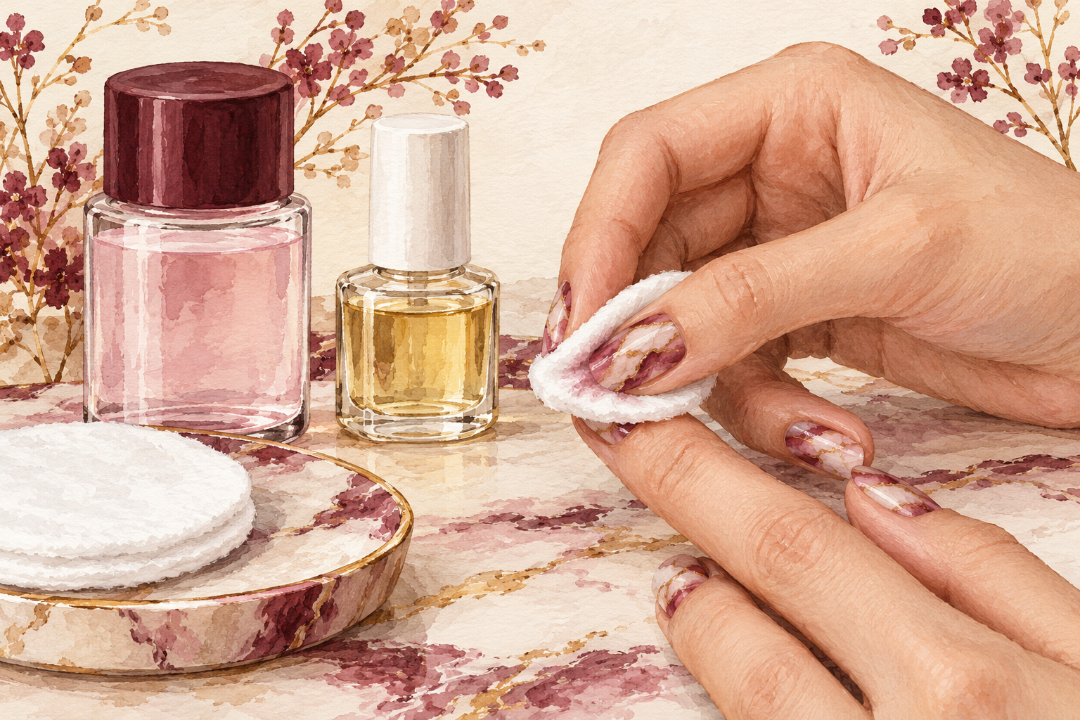 A cotton pad rests against a marbled nail beside removal supplies.