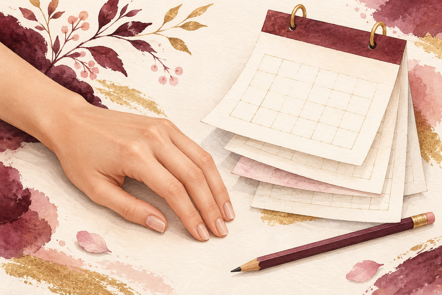A bare hand rests beside a calendar and pencil.