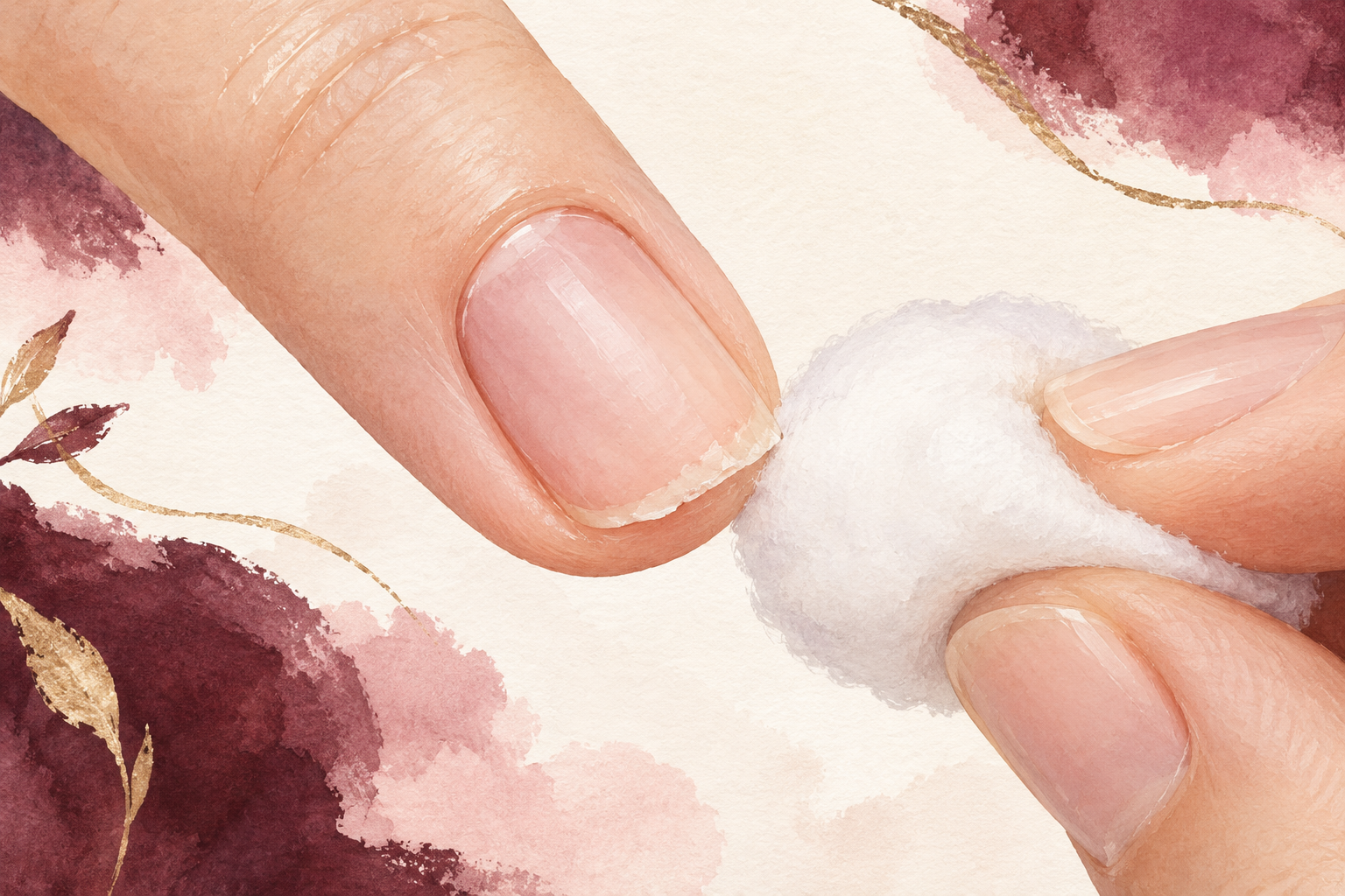 A cotton ball gently checks the rough edge of a natural nail.