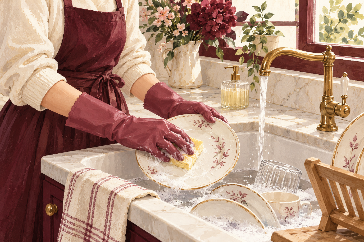 Gloved hands wash dishes at a kitchen sink.