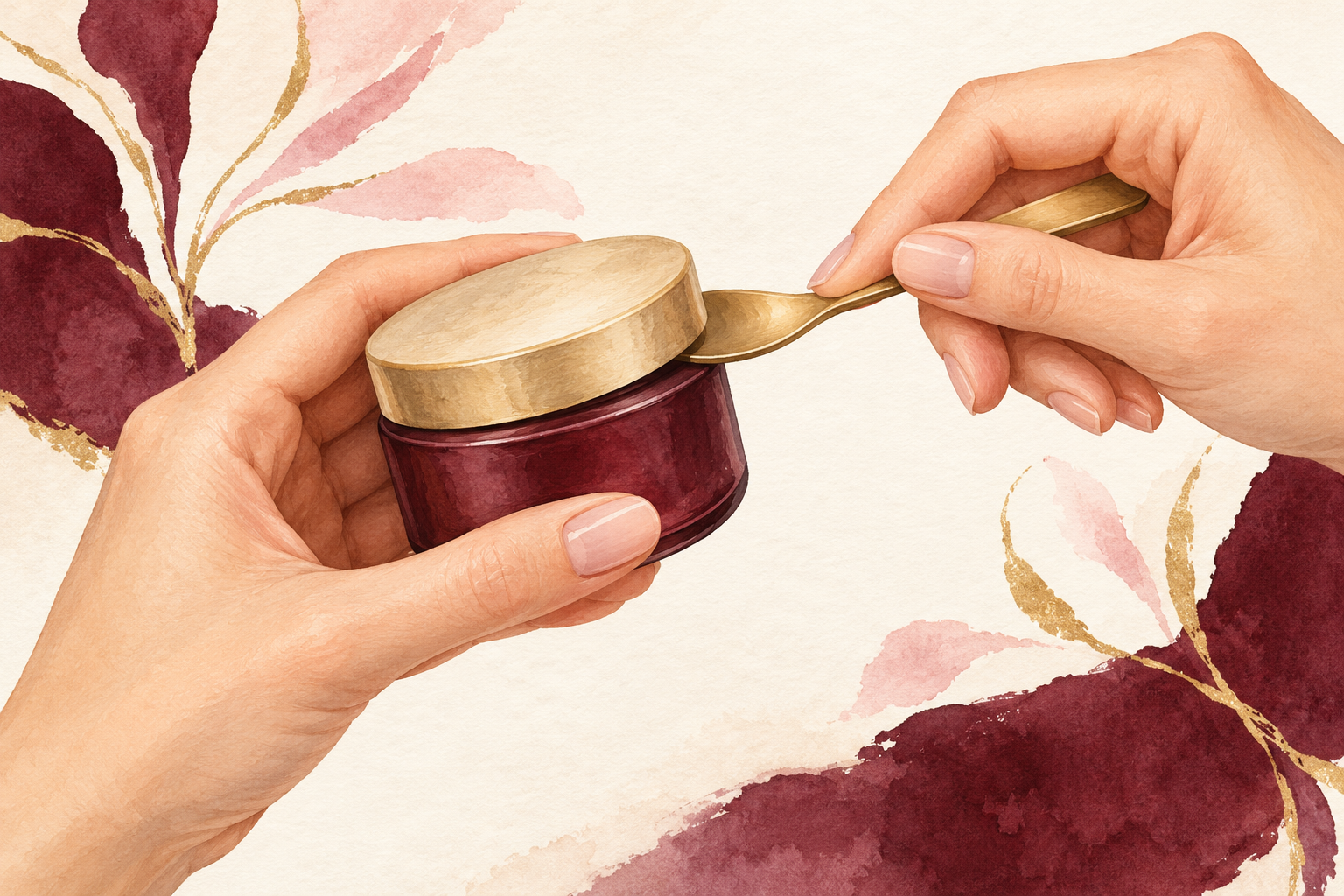 A spoon lifts a jar lid while the other hand steadies the jar, with nail tips clear.