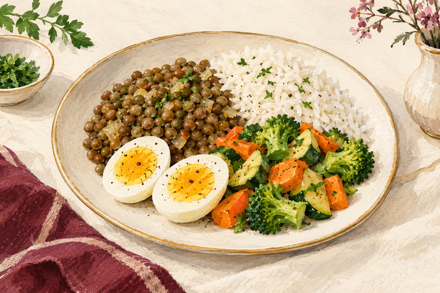 A plate holds lentils, a boiled egg, rice and vegetables.