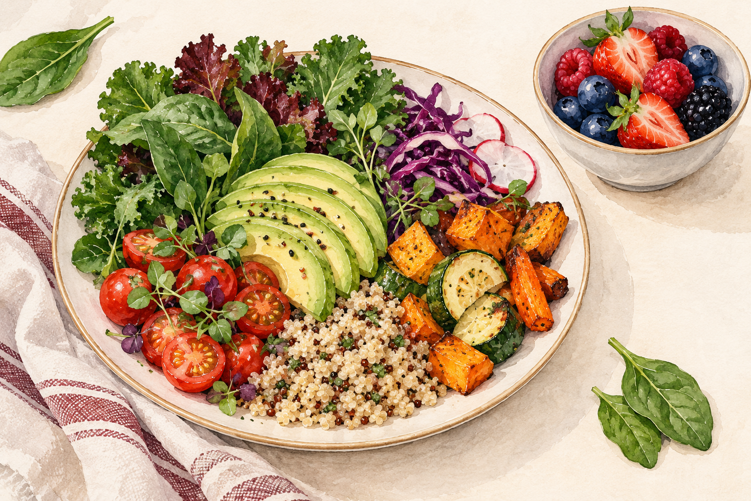 Leafy greens, avocado, vegetables and a small bowl of fruit form a varied meal.