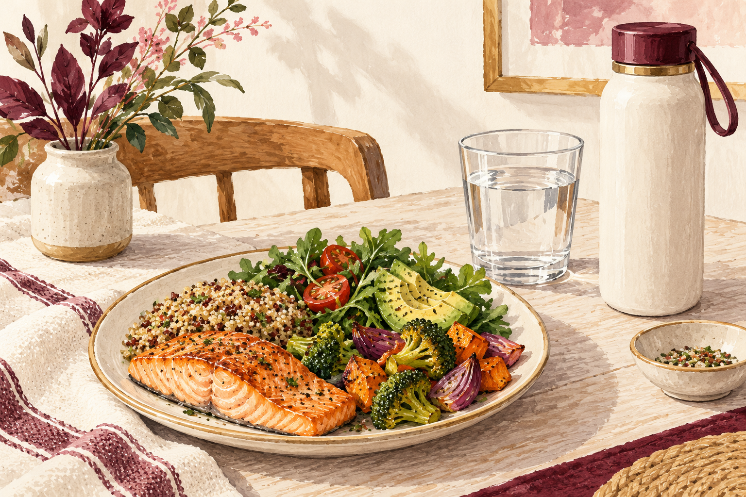 A glass and reusable water bottle sit beside a meal.