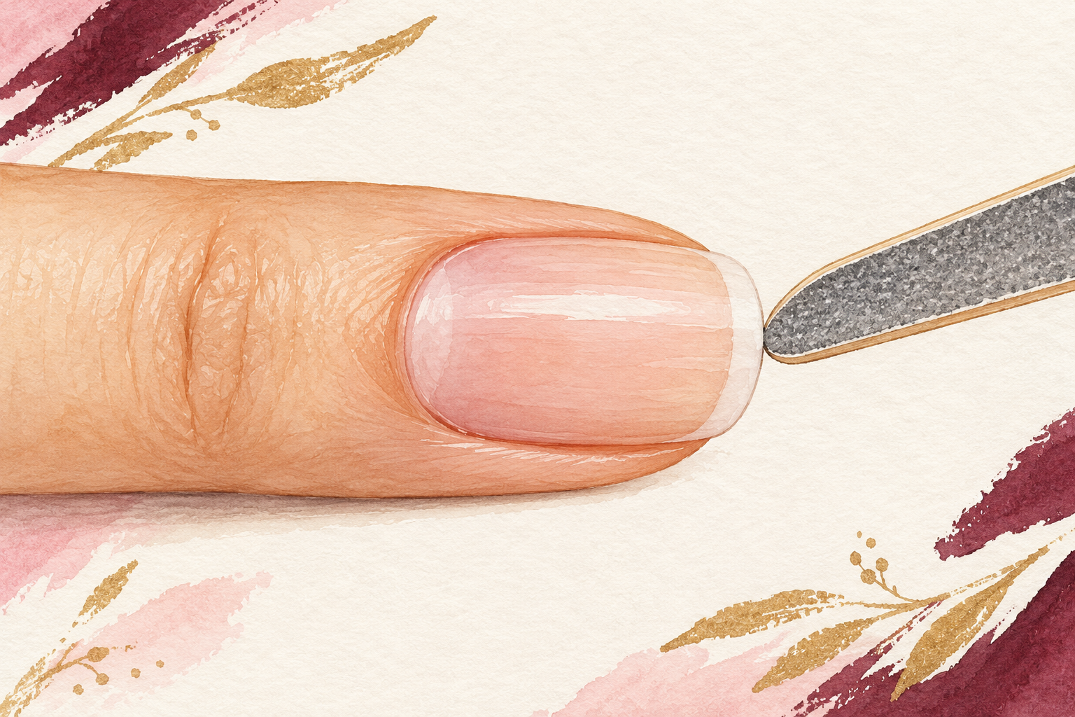 A fine file touches the distal edge of a horizontally positioned bare nail.