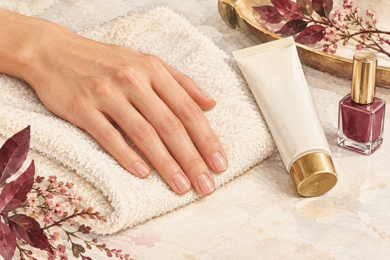 Bare nails with intact cuticle skin rest beside cream and a closed polish bottle.