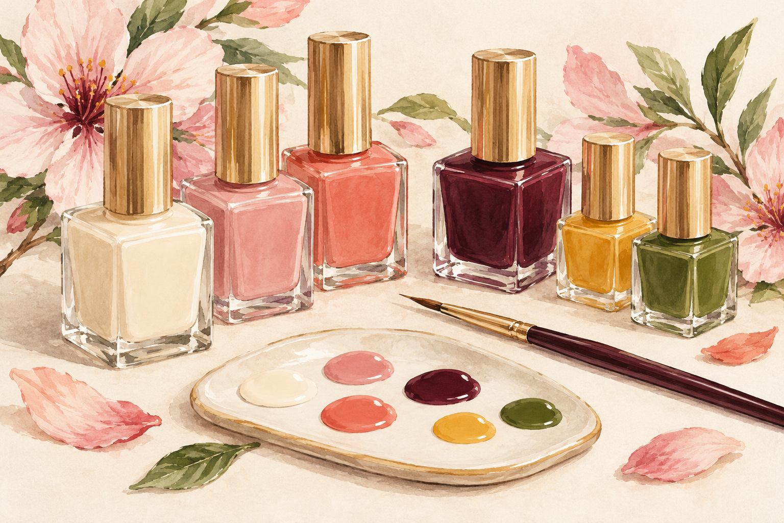 Plain polish bottles, flower colors and a small palette form a manicure still life.