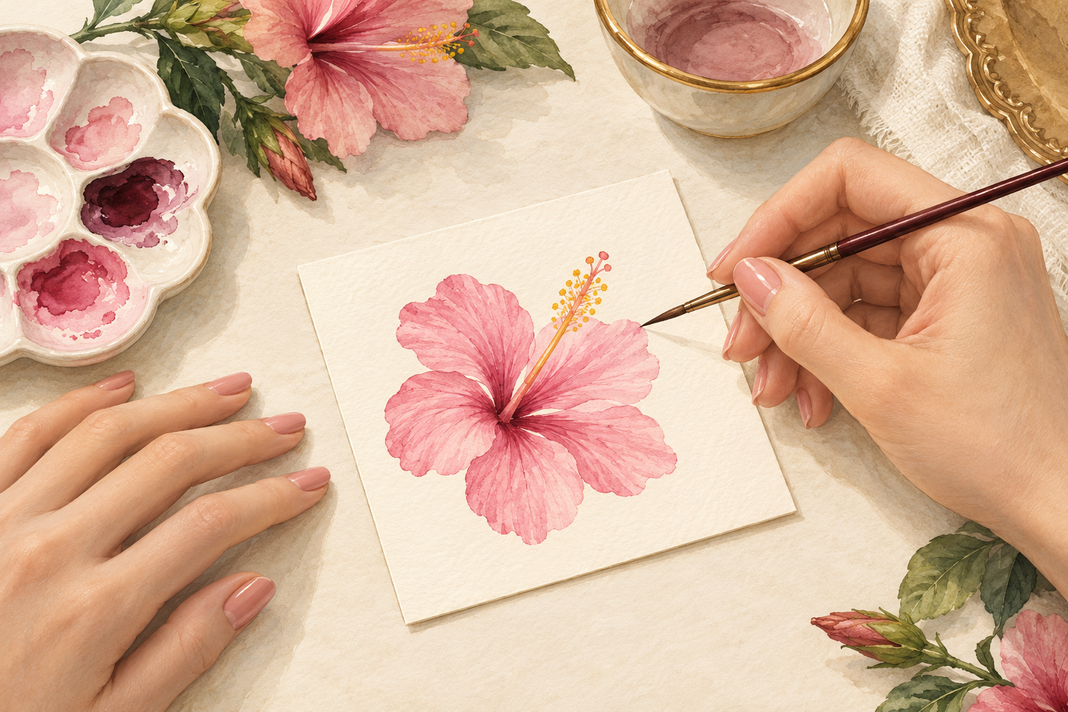 A fine brush practices a five-petal hibiscus on a card beside a resting hand.