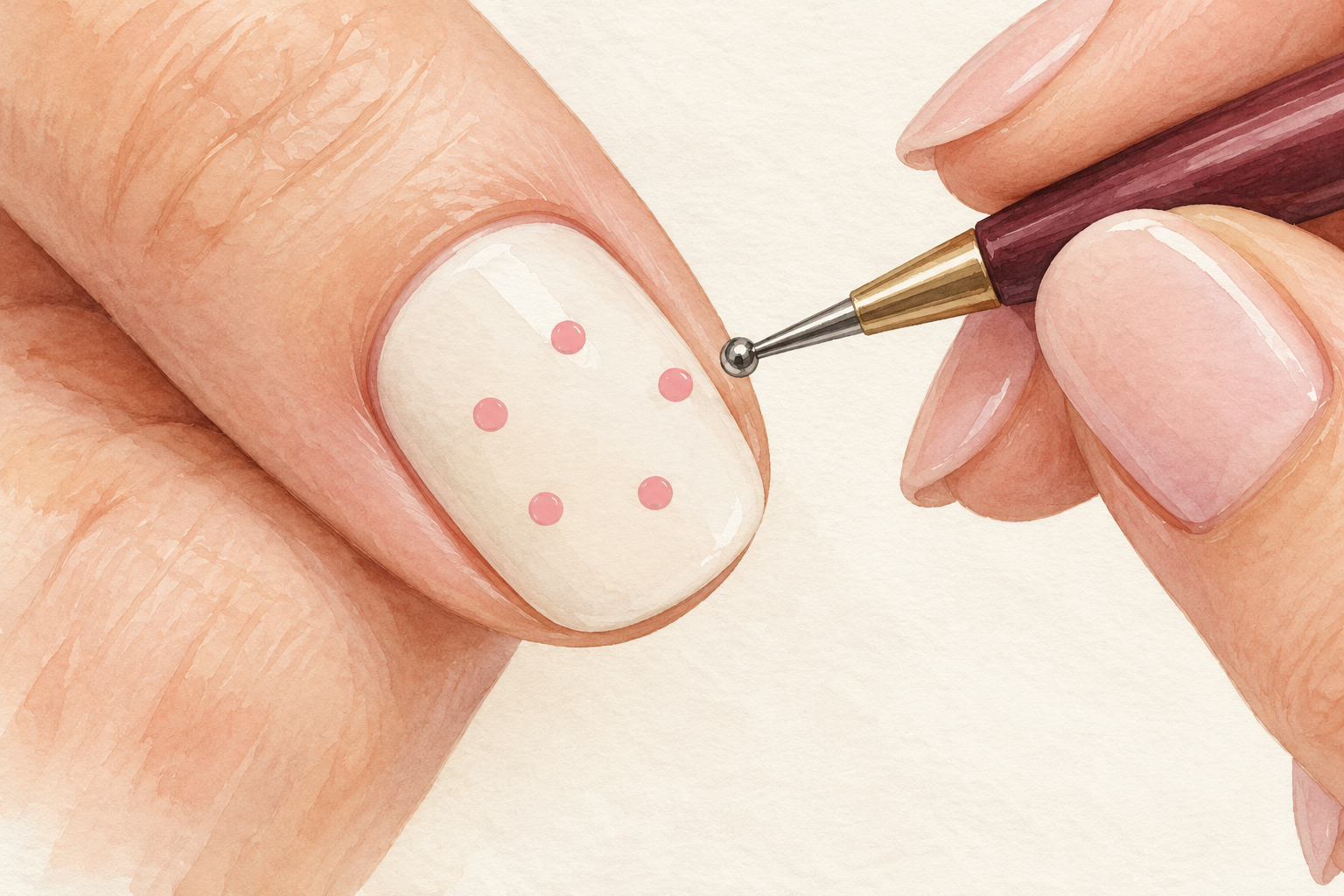 A metal-ball dotting tool hovers over five small pink dots on a cream-painted nail.