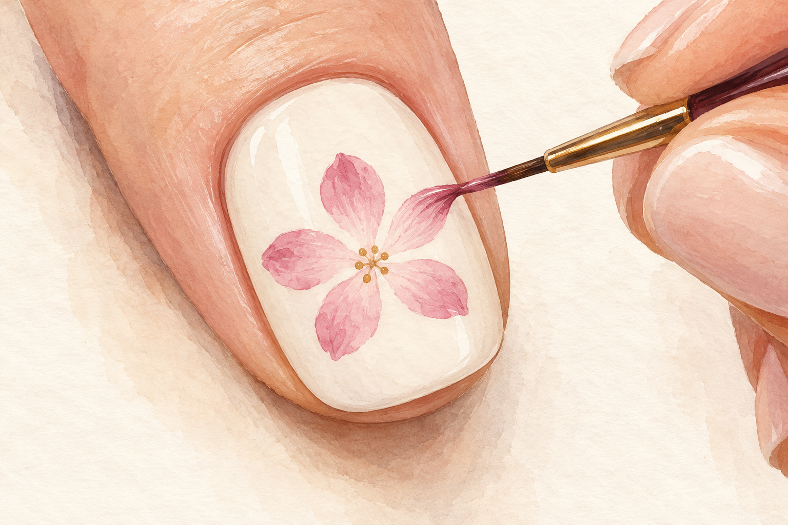 A fine brush touches one petal of a pink flower on a cream-painted nail.