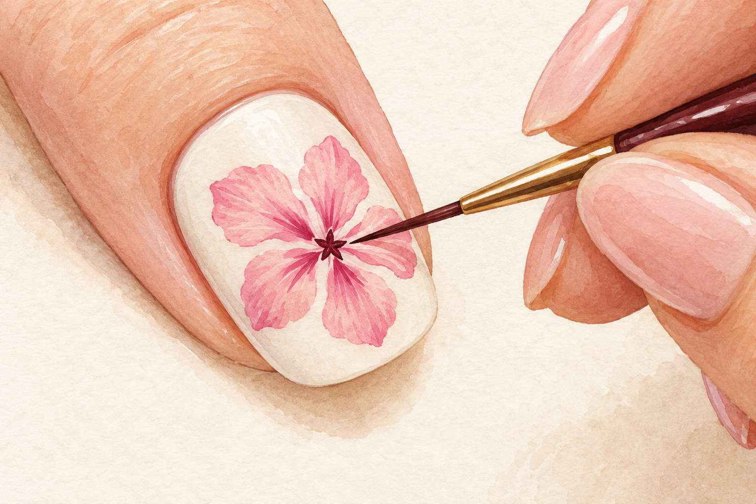 A fine brush places a small wine-colored throat at the center of a pink flower.