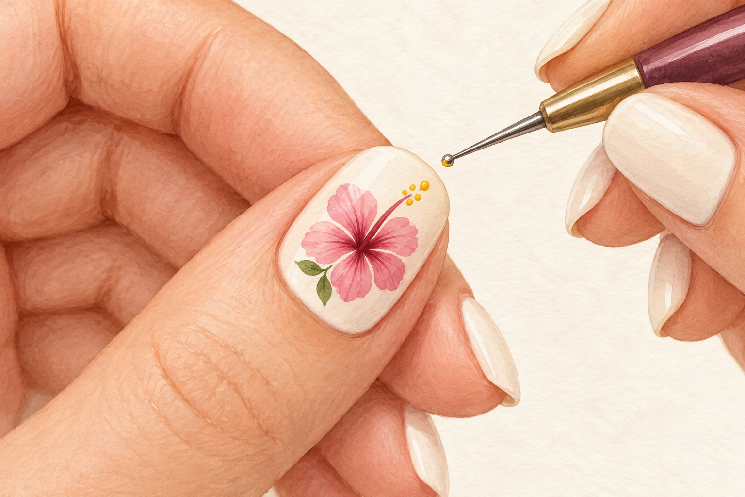 A metal-ball dotting tool hovers above yellow pollen dots and green leaves on a flower nail.