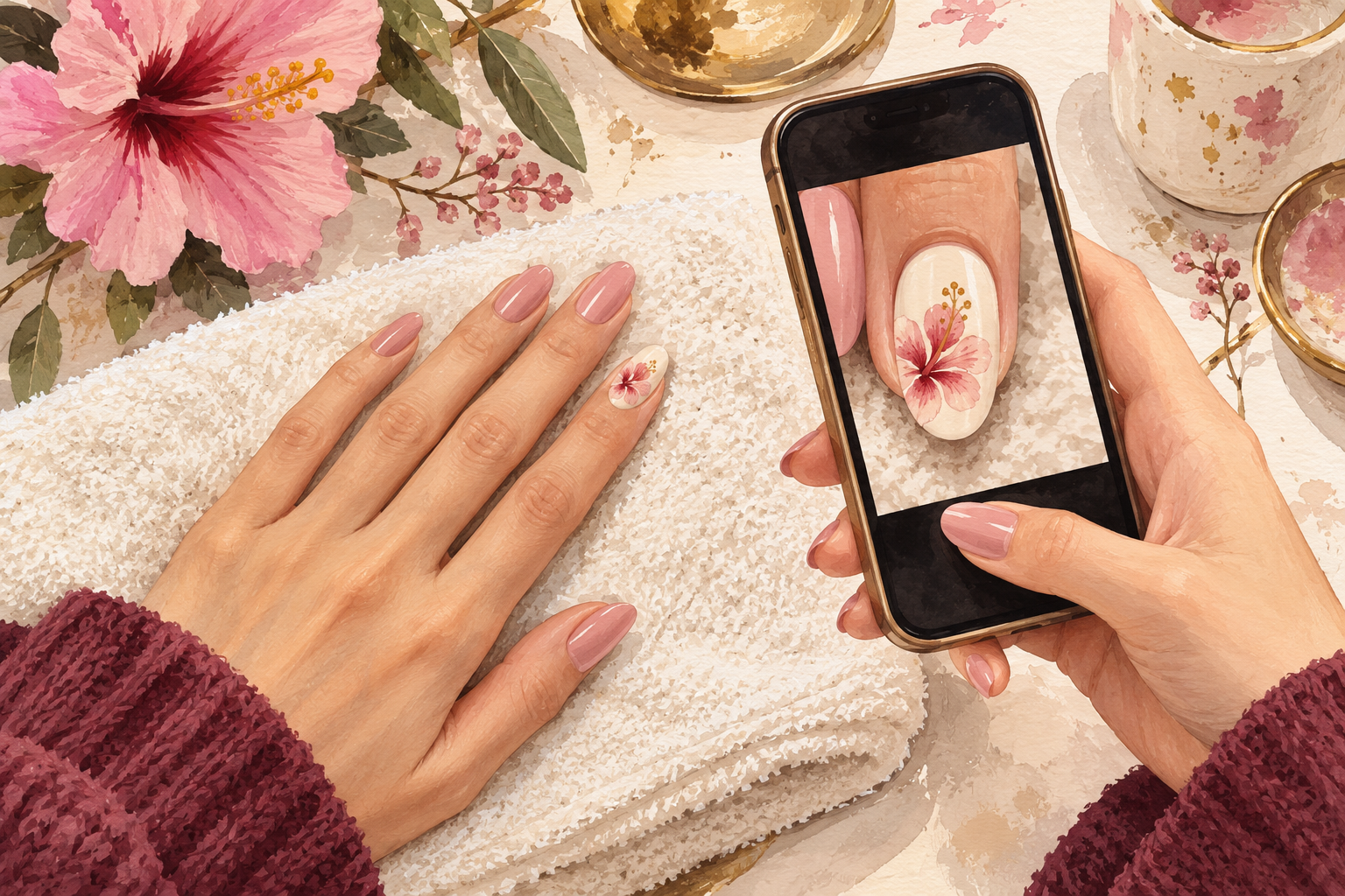 A phone records one finished hibiscus accent nail.