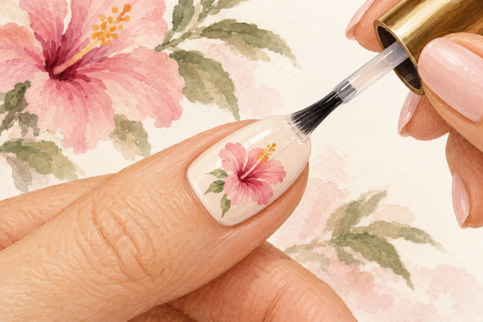 A clear-coat brush passes over a dry flower nail.