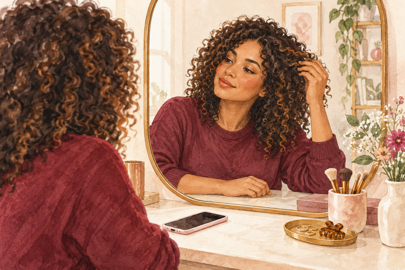 A woman checks her attached curls in a mirror beside a phone.