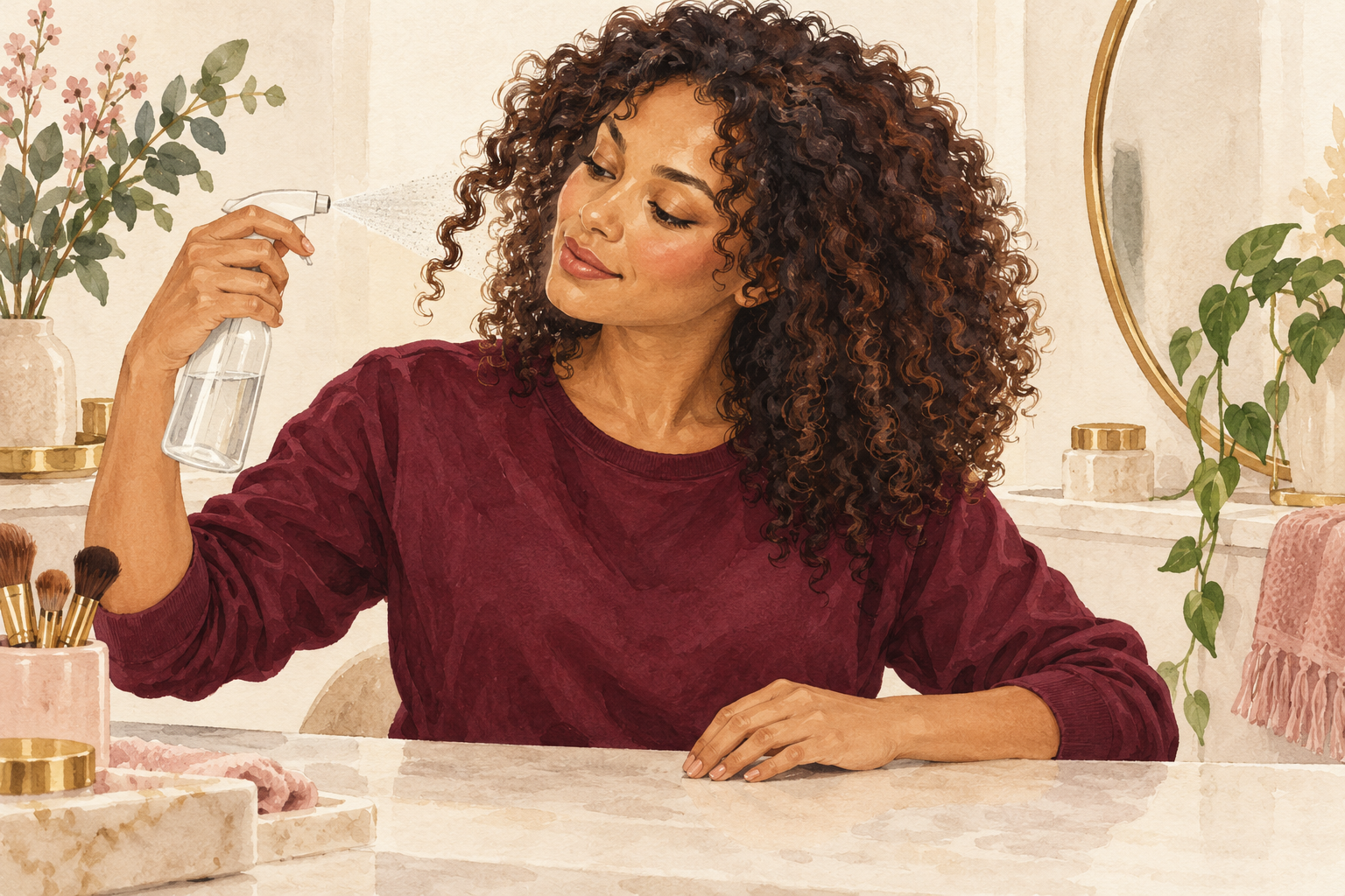 A woman lightly mists a side section of attached curls while her other hand rests on the table.