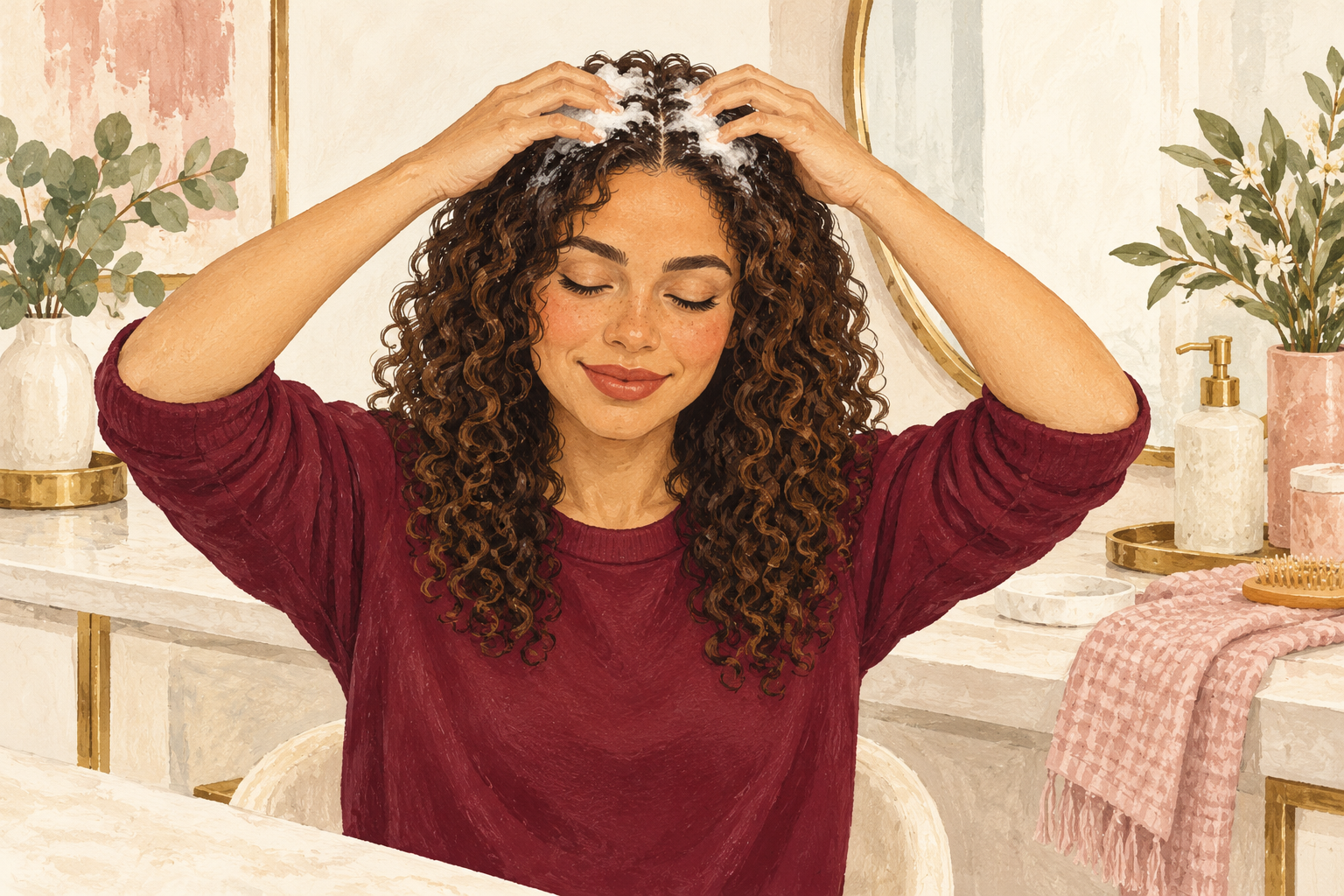 Fingertip pads massage a small amount of foam at the scalp while curls hang down.