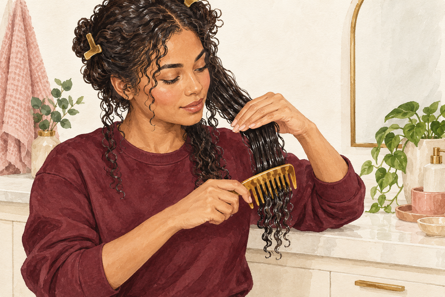 A wide-tooth comb moves through damp conditioned curl ends while the section is supported above.