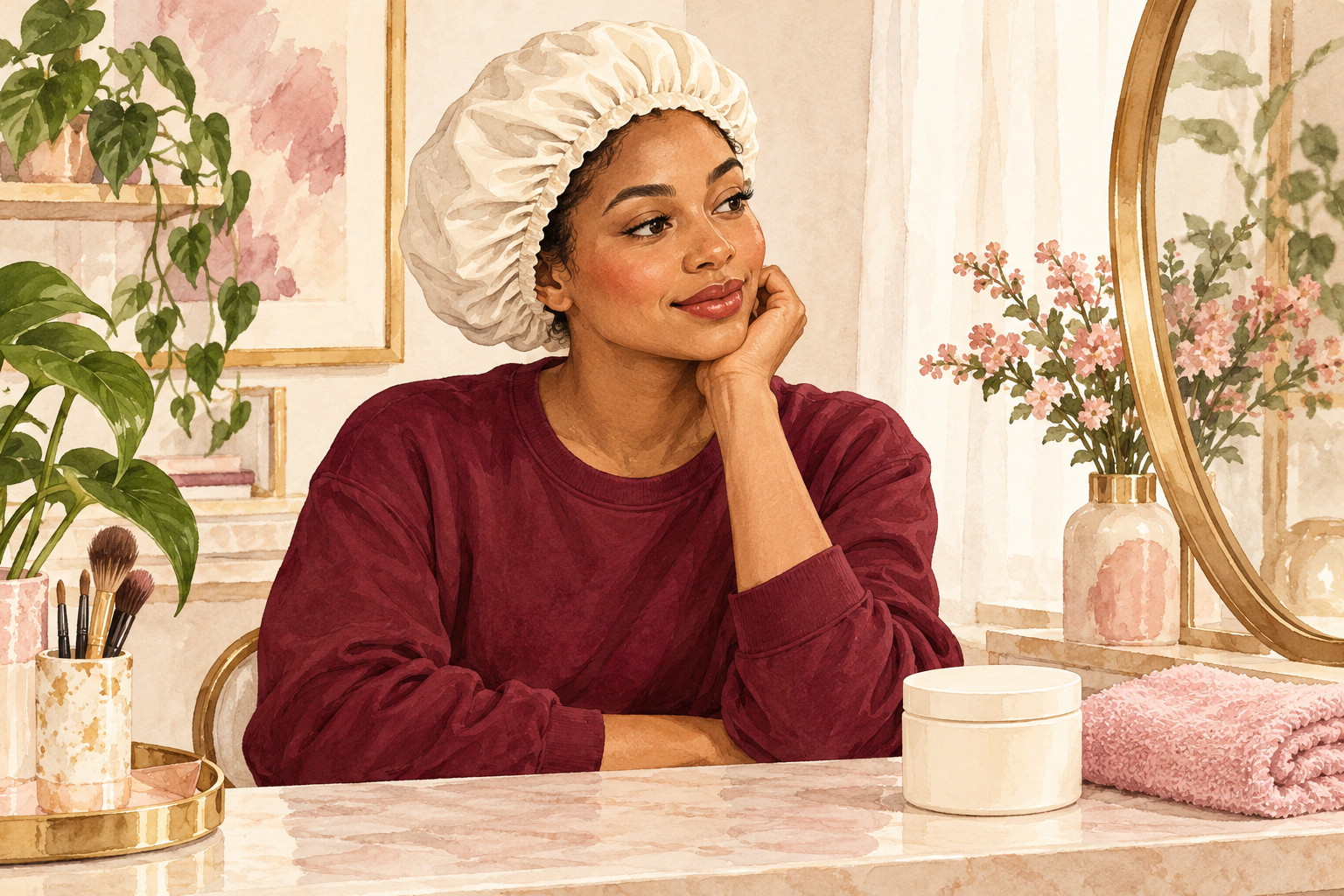 A woman wears a conditioning cap beside a plain treatment jar and folded towel.