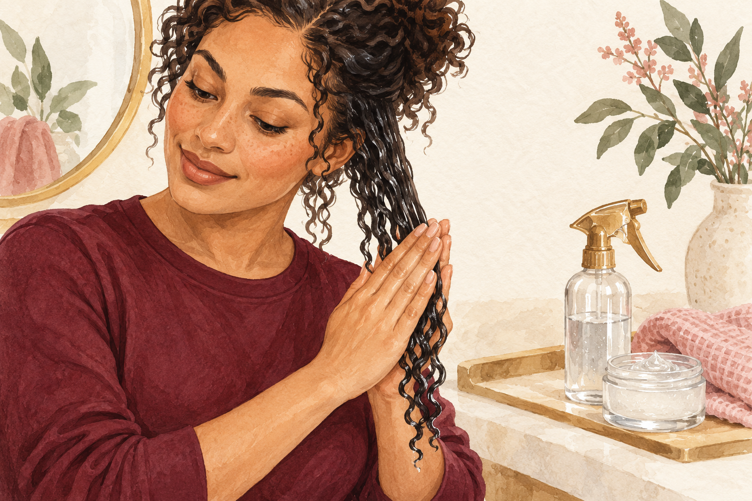 Two flat palms smooth a small amount of styler along a very wet curl section beside a gel jar and water spray.