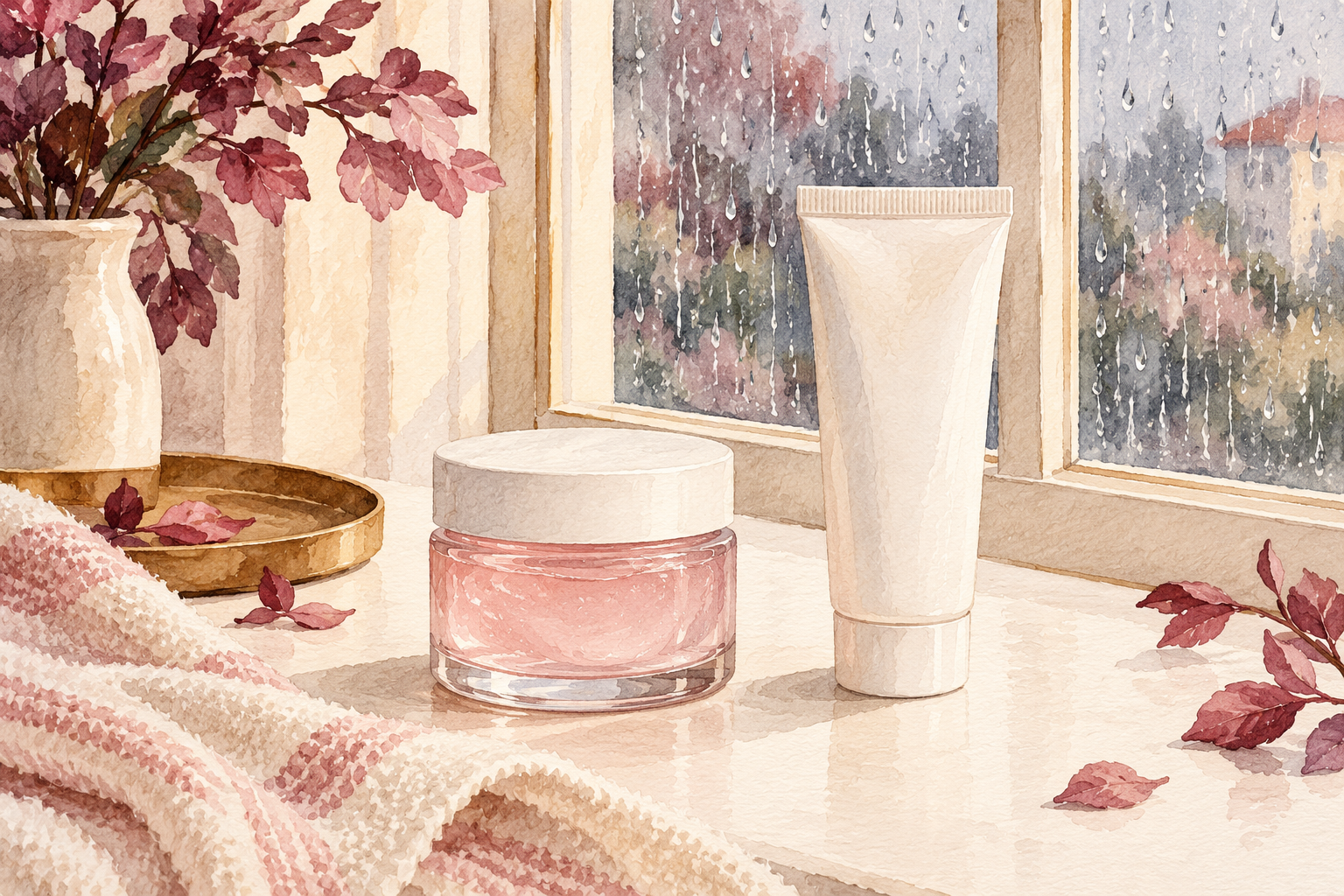 A plain gel jar and closed cream tube sit beside a rainy window.