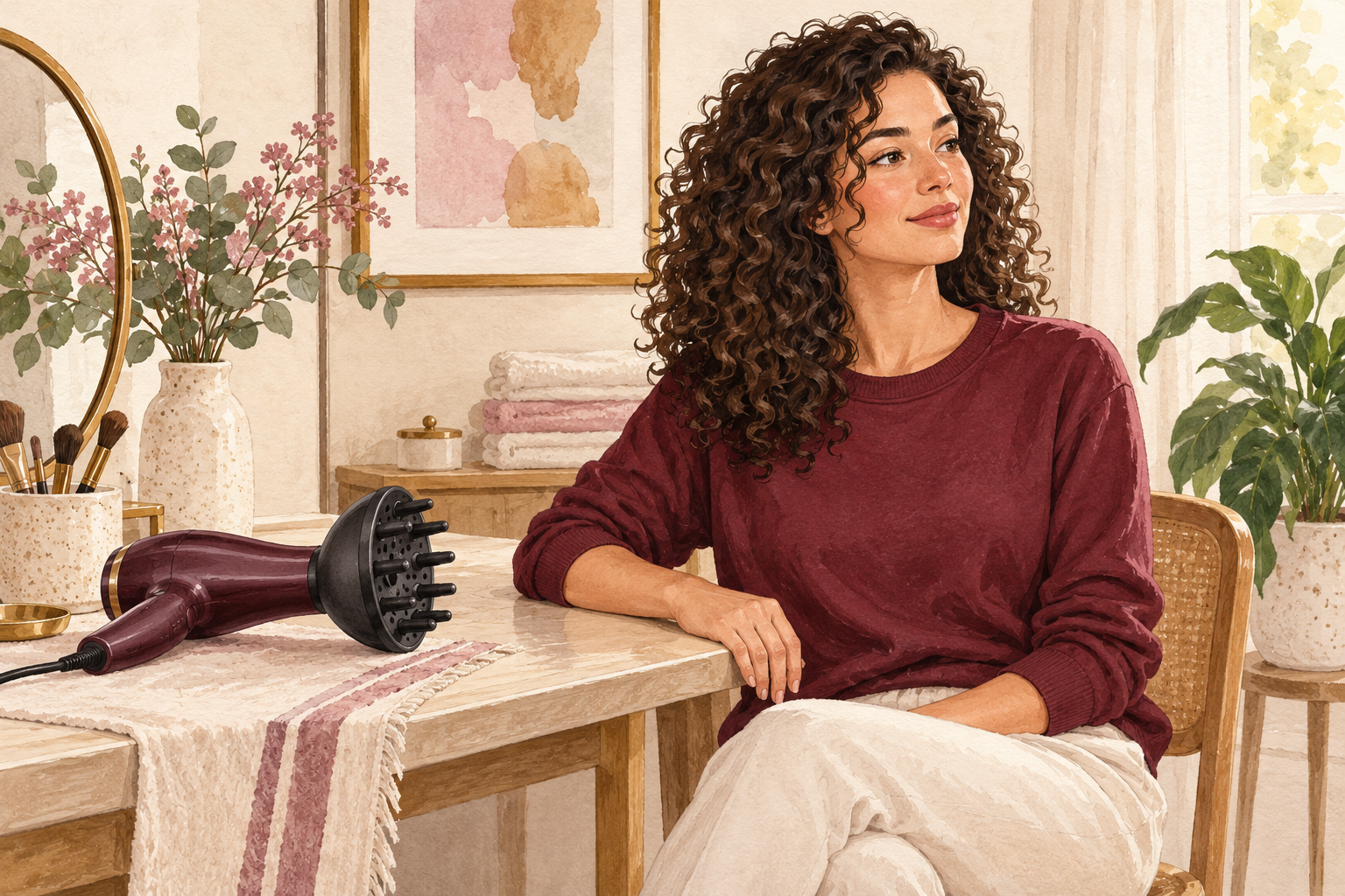 A woman sits with her hands away from her curls beside an idle diffuser.
