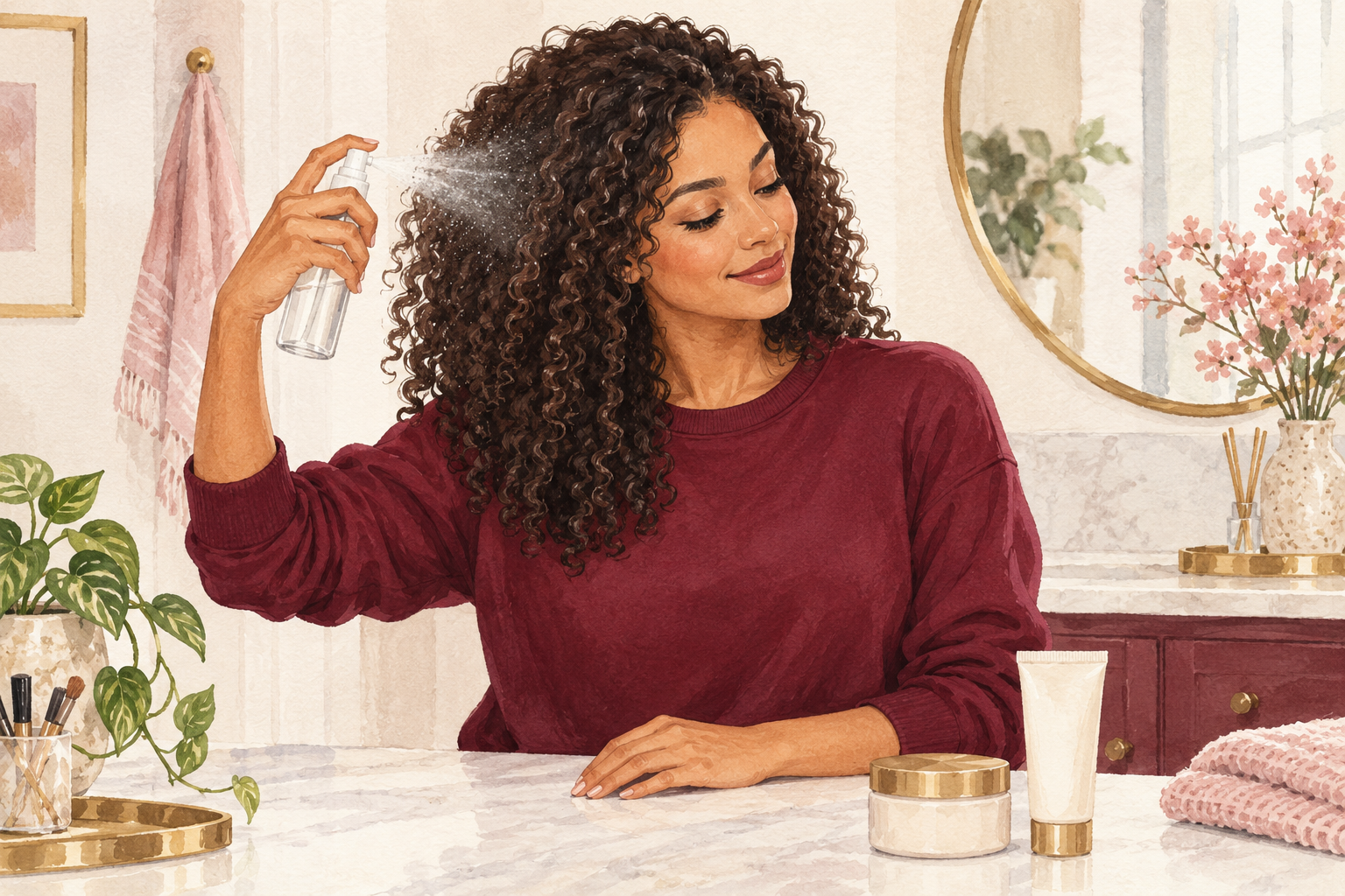 A woman lightly mists a side section of attached curls beside a small cream tube and capped gel jar.