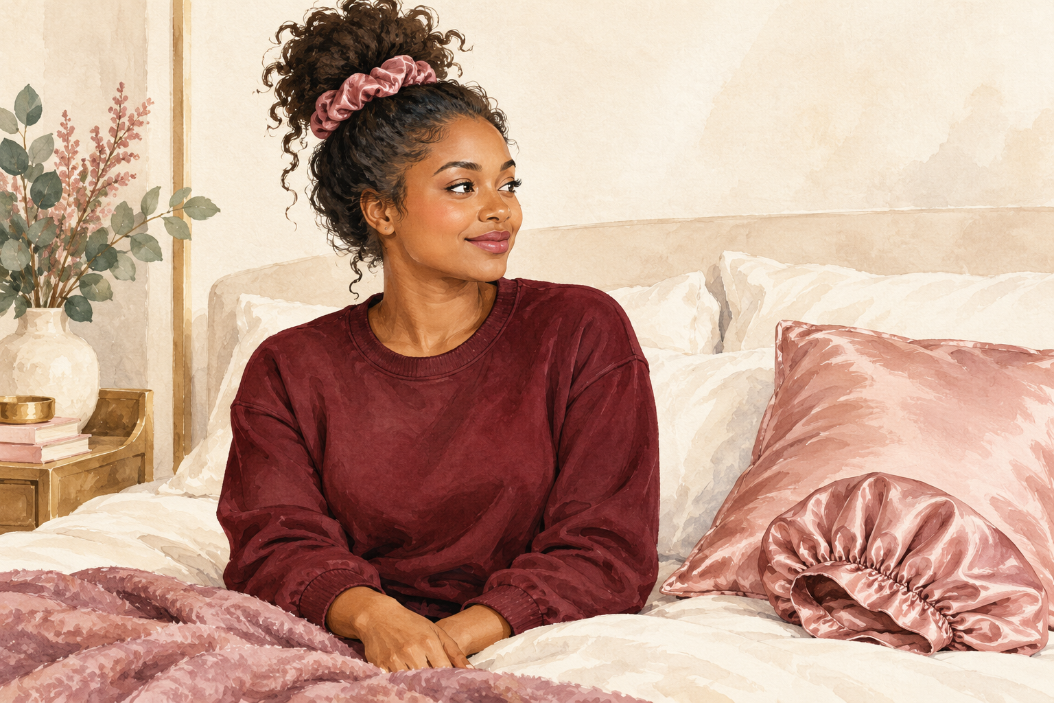 A loose pineapple is held with a soft scrunchie beside satin bedding and a roomy bonnet.