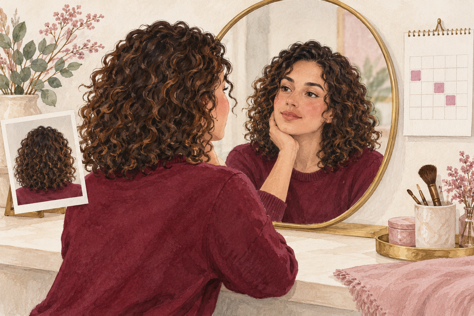 A woman observes her curls in a mirror beside one reference photo and a calendar.