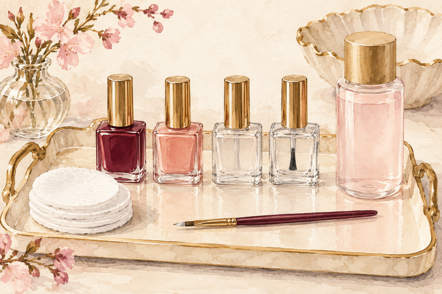 Plain cherry and peach polish bottles, clear coats, pads, brush and remover sit on a tray.